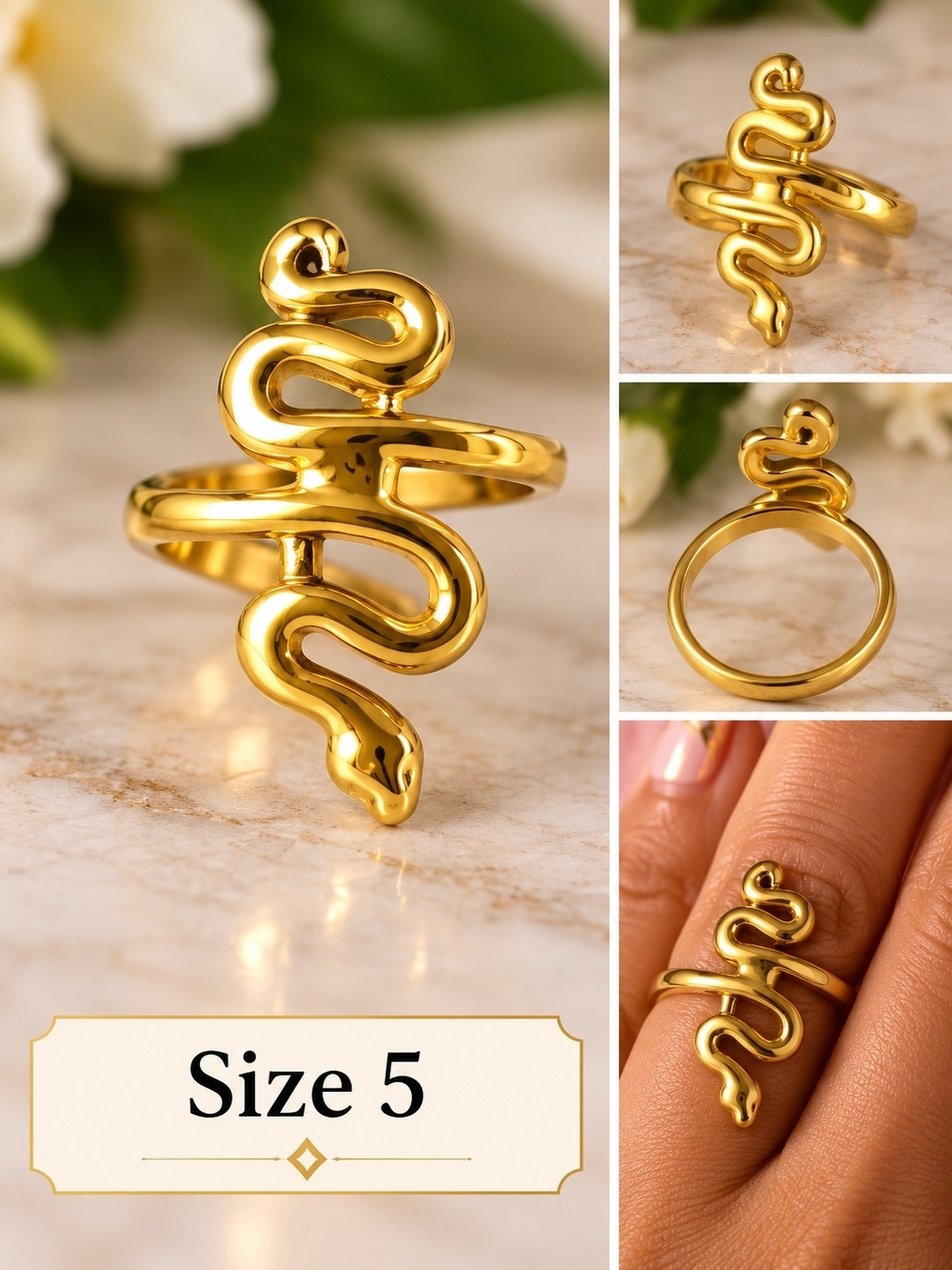 Gold-Tone Stainless Steel Snake Ring – Size 5